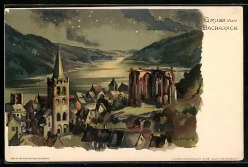 Lithographie Bacharach, Kirche und Ruine Wernerkapelle am Rhein