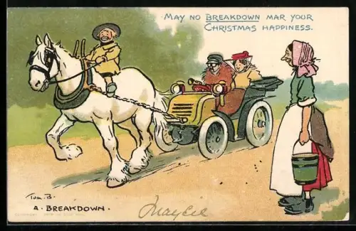 Künstler-AK Tom Browne: Kind auf einem Pferd schleppt ein Auto ab