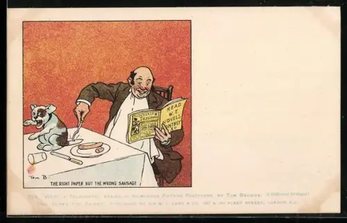 Künstler-AK Tom Browne: Mann lässt sich von seiner Zeitung vom Essen ablenken