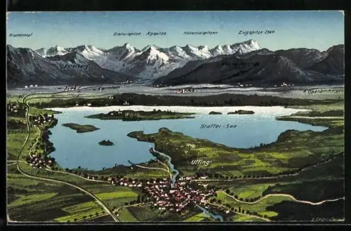 Künstler-AK Eugen Felle: Uffing, Staffelsee mit Krottenkopf, Esterberg, Dreitorspitze, Alpspitze, Höllentalspitzen