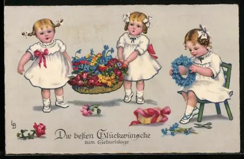 AK Drei kleine Mädchen mit Blumen zu Geburtstag