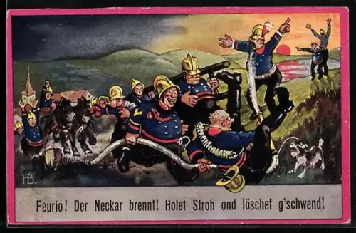Künstler-AK Hans Boettcher: Feurio! Der Neckar brennt!..., Feuerwehrleute mit Wasserschlauch