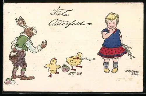 Künstler-AK Carl Diehl: Osterhase ärgert sich über zerbrochene Ostereiern