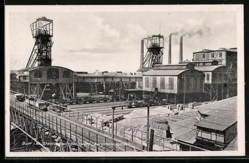 AK Buer i. W., Steinkohlen-Bergwerk Bergmannsglück mit Bahnbrücke und Fördertürmen