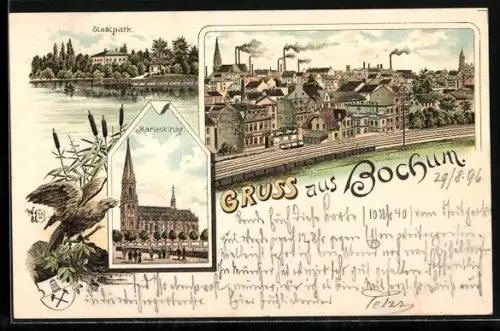 Lithographie Bochum, Marienkirche, Stadtpark, schöne Teilansicht