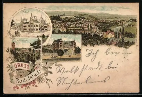 Lithographie Rudolstadt, Rudolsbad, Marienthurm, Postamt und Totalansicht