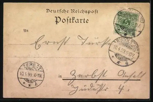 Lithographie Rudolstadt, Rudolsbad, Marienthurm, Postamt und Totalansicht