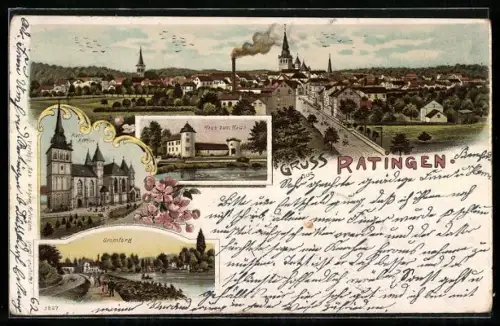 Lithographie Ratingen, Katholische Kirche, Haus zum Haus, Gromford, Totalansicht des Ortes
