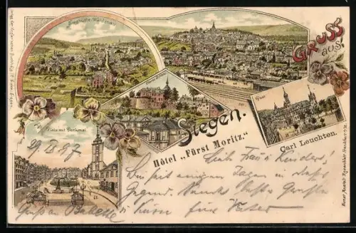 Lithographie Siegen, Totalansicht, Platz mit Denkmal, Bahnhof