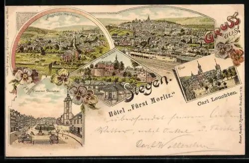 Lithographie Siegen, Postamt, Oberes Schloss, Platz mit Denkmal, Sieghütte-Weidenau, Bahnhof aus der Vogelschau