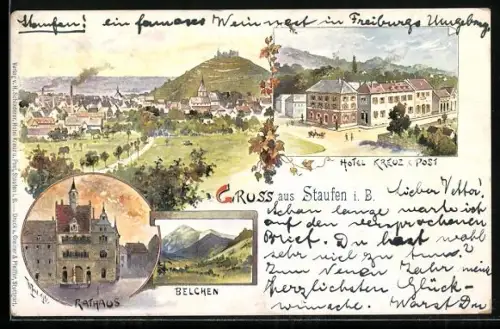 Künstler-Lithographie Staufen i. B., Rathaus und Belchen