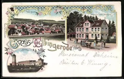 Lithographie Elbingerode i. Harz, Pension Villa Waldhöhe, Brockengipfel mit Turm, Totalansicht des Ortes