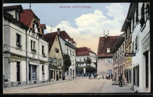 AK Kandern, Blick in die Hauptstrasse mit Konditorei-Café und Friseur