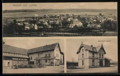 AK Lumda, Bahnhof Lumda, Gasthaus von Heinrich Schultheiss, Ortsansicht aus der Vogelschau
