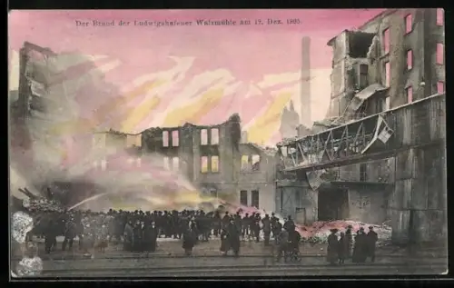 AK Ludwigshafen / Rhein, Ruinen der am 13.12.1905 abgebrannten Walzmühle, Blick auf die Rheinseite