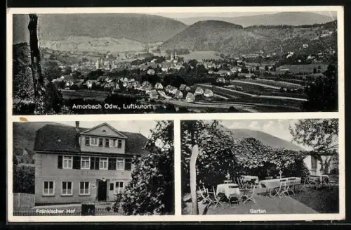 AK Amorbach /Odw., Gasthaus Fränkischer Hof, Bes. Jos. Hamm, Garten, Ortsansicht aus der Vogelschau