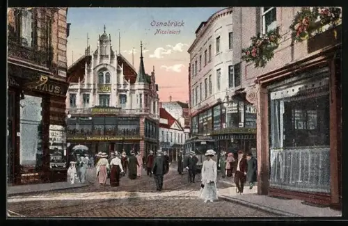 AK Osnabrück, Strassenpartie Nicolaiort mit Geschäften, Strassenbahn