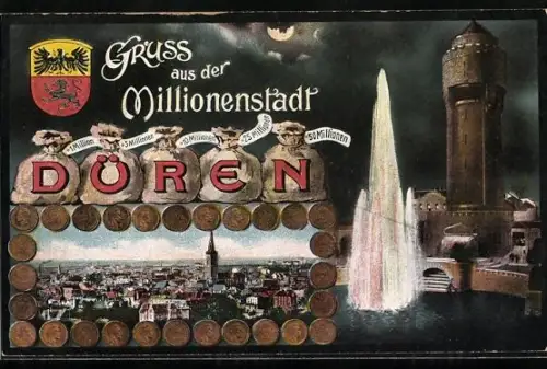 Grusskarten-AK Düren, Ortsansicht aus der Vogelschau, Fontäne und Turm