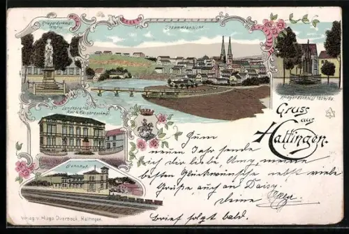 Lithographie Hattingen / Ruhr, Landratsamt und Kaiserdenkmal, Bahnhof, Kriegerdenkmal 1864/66 und 1870/71