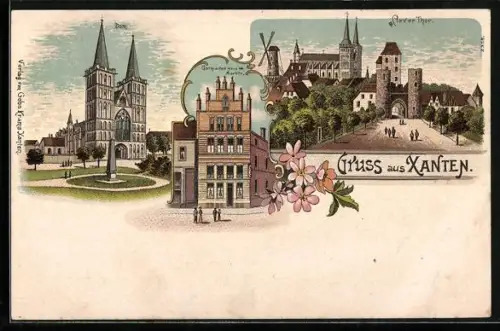 Lithographie Xanten, Dom, Clever Tor, Gothisches Haus am Markt