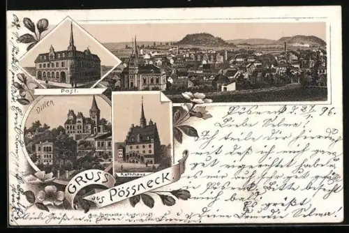 Lithographie Pössneck, Post, Villen, Rathaus, 4 gerahmte Ansichten, Blumenverzierung