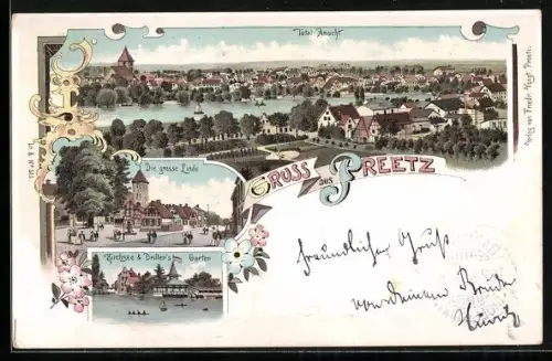 Lithographie Preetz, Kirchsee und Drillers Restaurant, Grosser Linde, Ortsansicht aus der Vogelschau