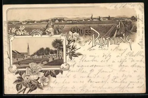 Lithographie Plattling, Marktplatz mit Kirche, Gesamtansicht