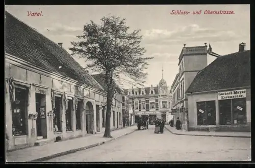 AK Varel / Oldenburg, Schloss- und Obernstrasse mit Korbmacher Gerhard Meyer