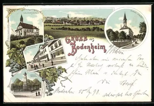 Lithographie Bodenheim / Rhein, Wallfahrtskapelle, evang. Kirche, Kriegerdenkmal und Ortspanorama