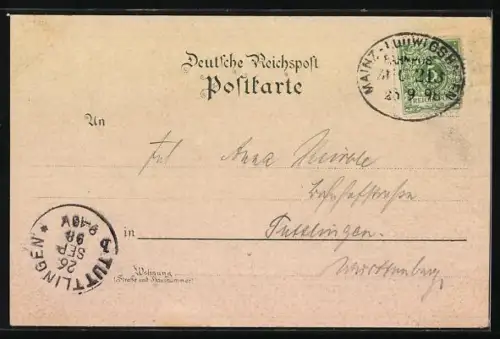 Lithographie Bodenheim / Rhein, Wallfahrtskapelle, evang. Kirche, Kriegerdenkmal und Ortspanorama