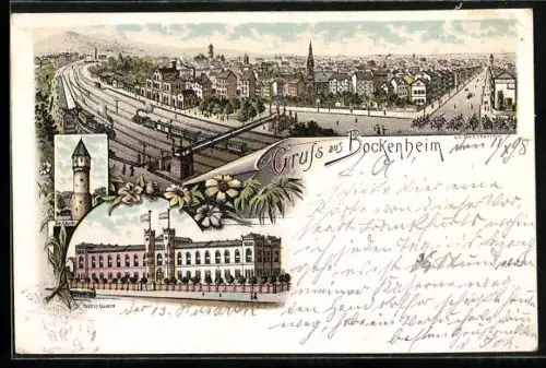 Lithographie Bockenheim, Husaren-Kaserne, Warte und Bahnhof