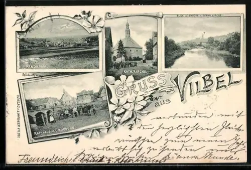 AK Bad Vilbel, Panorama, Rathaus, kath. Kirche, ev. Kirche