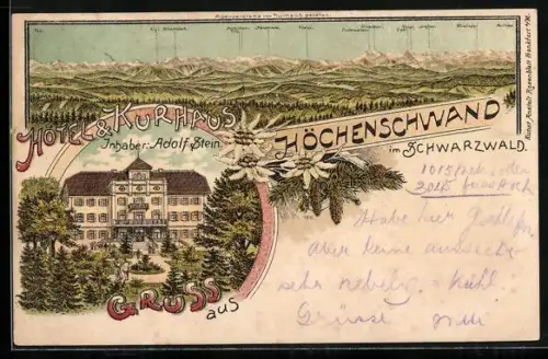 Lithographie Höchenschwand, Bergpanorama mit Tödi, Rigi & Pilatus, Hotel Adolf Stein mit Gartenanlagen