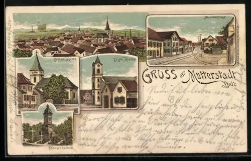 Lithographie Mutterstadt /Pfalz, Neustadterstrasse, Protest. Kirche, Kath. Kirche und Kriegerdenkmal