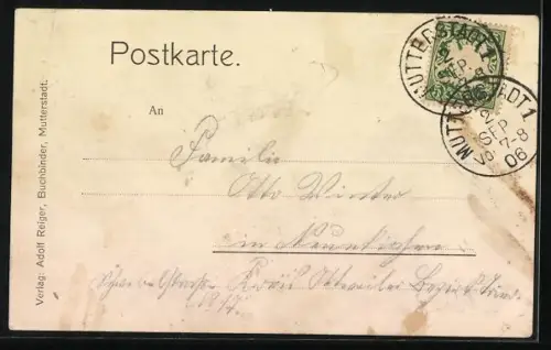 Lithographie Mutterstadt /Pfalz, Neustadterstrasse, Protest. Kirche, Kath. Kirche und Kriegerdenkmal