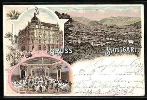 Lithographie Stuttgart, Panorama, Hotel Victoria