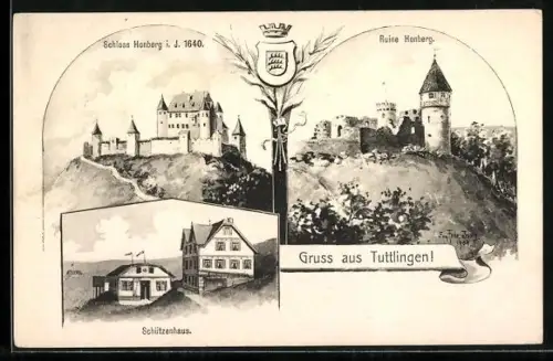 Künstler-AK Eugen Felle: Tuttlingen, Schützenhaus, Schloss Onburg i. J. 1640, Ruine Honburg