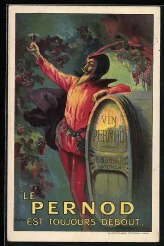 AK Reklame Vin Pernod, Teufel mit einem Glas Wein