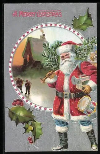 Präge-AK Weihnachtsmann mit Musikinstrumenten vor einem Wohnhaus