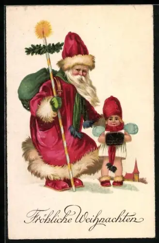 AK Weihnachtsmann erscheint mit Engel im verschneiten Dorf