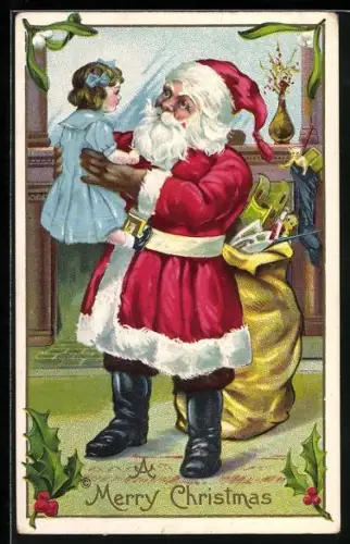 AK Weihnachtsmann bei der Bescherung mit einem kleinen Mädchen, Weihnachtsgrüsse