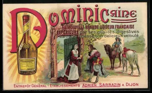 Lithographie Dijon, Reklame für Likör Dominicaine, Adrien Sarrazin, Nonne verkauft Likör an Berittene