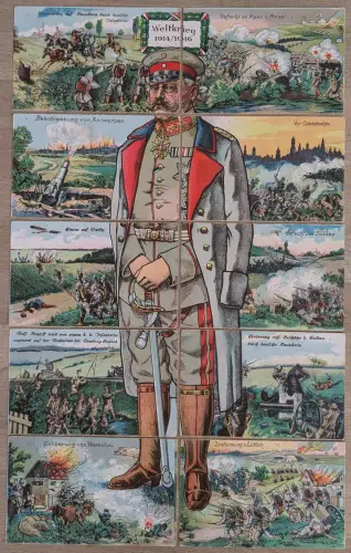 Puzzle-AK 10 Karten, Paul von Hindenburg mit Schlachtszenen aus Antwerpen, Czenstochau, Soldau, Warschau und Lüttich