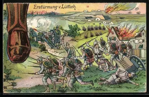 Puzzle-AK 10 Karten, Paul von Hindenburg mit Schlachtszenen aus Antwerpen, Czenstochau, Soldau, Warschau und Lüttich