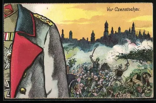 Puzzle-AK 10 Karten, Paul von Hindenburg mit Schlachtszenen aus Antwerpen, Czenstochau, Soldau, Warschau und Lüttich