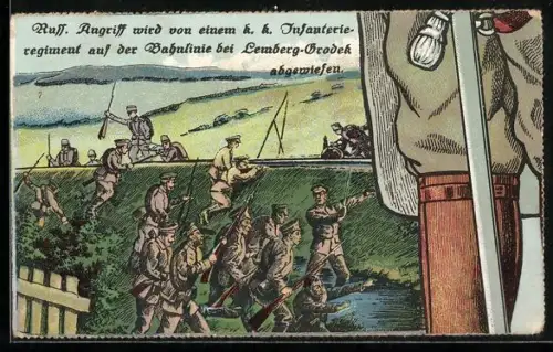 Puzzle-AK 10 Karten, Paul von Hindenburg mit Schlachtszenen aus Antwerpen, Czenstochau, Soldau, Warschau und Lüttich