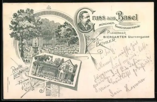 Lithographie Basel, Biergarten von Franz Bühler, Sternengasse