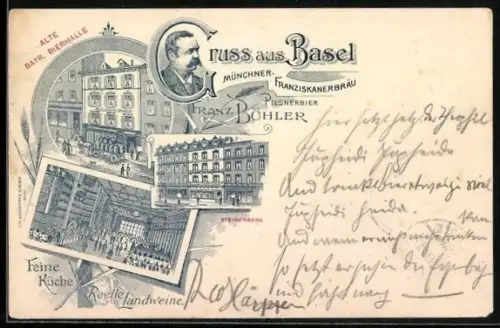 Lithographie Basel, Alte Bayr. Bierhalle von Franz Bühler, Sternengasse, Steinenberg