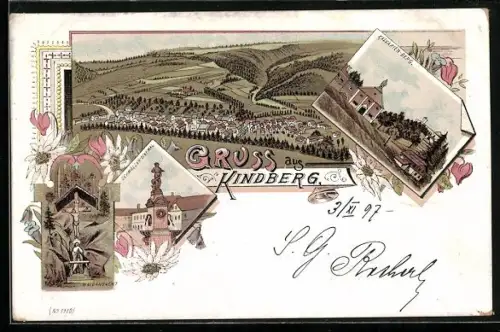 Lithographie Kindberg, Waldandacht, Schmölzer Denkmal, Kalvarien-Berg