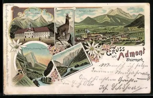 Lithographie Admont, Teilansicht mit Buchstein, Gesäuse-Eingang, Planspitz und Hochsteg-Tunnel